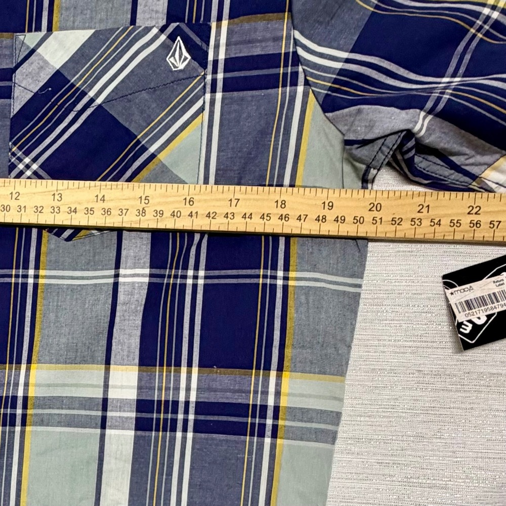 Volcom Ex Factor Plaid SS Youth Shirt Blue Grey Yellow Button Down Boys XL NEW - Picture 5 of 6